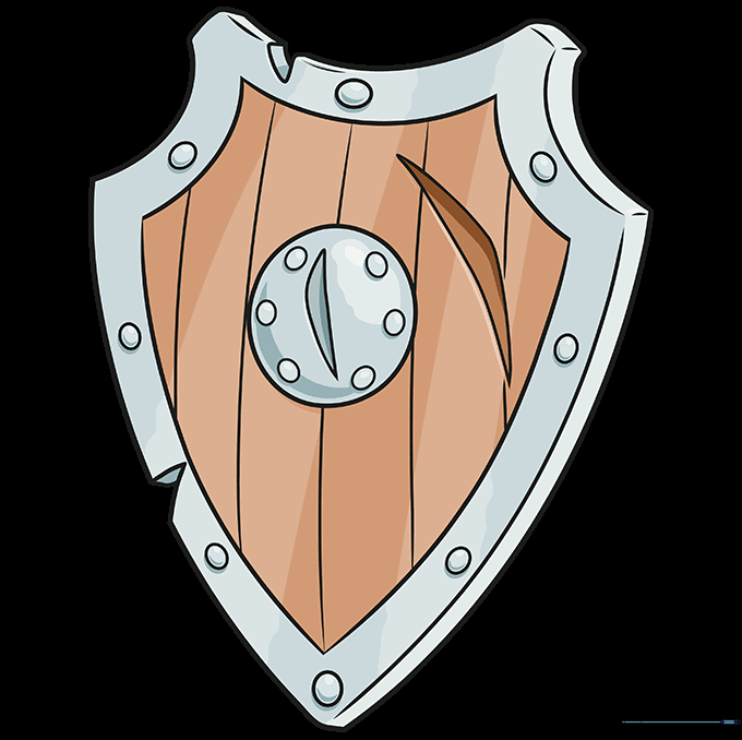 A fully colored shield drawing with brown wood textures and metallic grey borders.