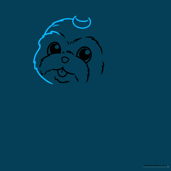 Step-by-step illustration showing the addition of a hairbow on top of the dog's head.