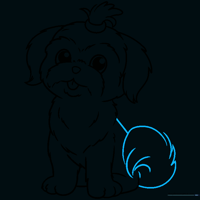 Drawing showing the addition of a curly, fluffy tail and the dog's back outline.