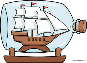 A vibrant, finished illustration of a detailed ship inside a glass bottle on a wooden stand.