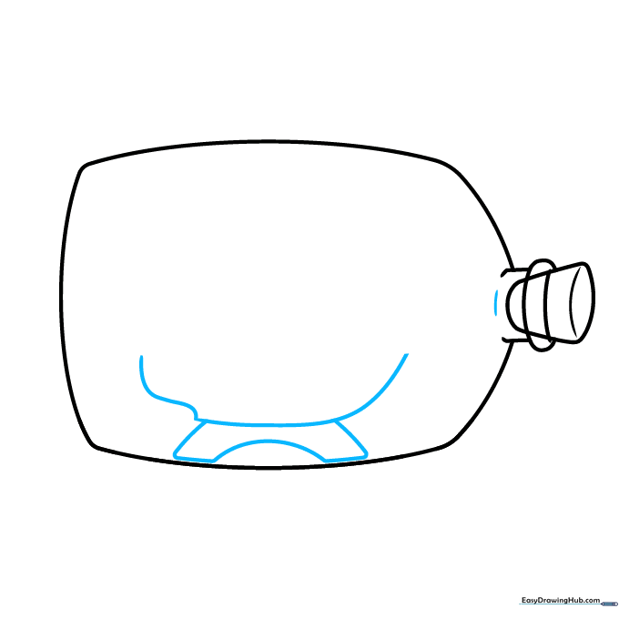 A curved line representing the base of a ship inside the bottle, resting on a small stand.