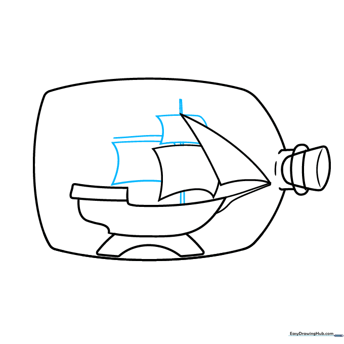 More sails added to the ship with vertical lines representing the mast structure.