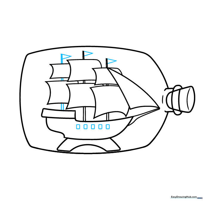 Detailed view of the ship showing small flags on the masts and portholes on the side of the hull.