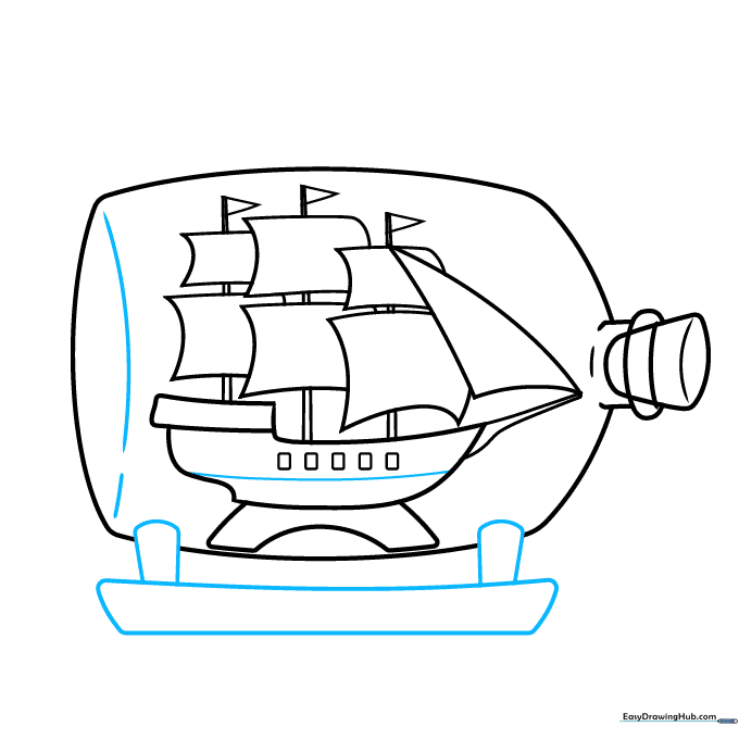 The completed line drawing of the ship in a bottle, including the base stand and glass reflections.