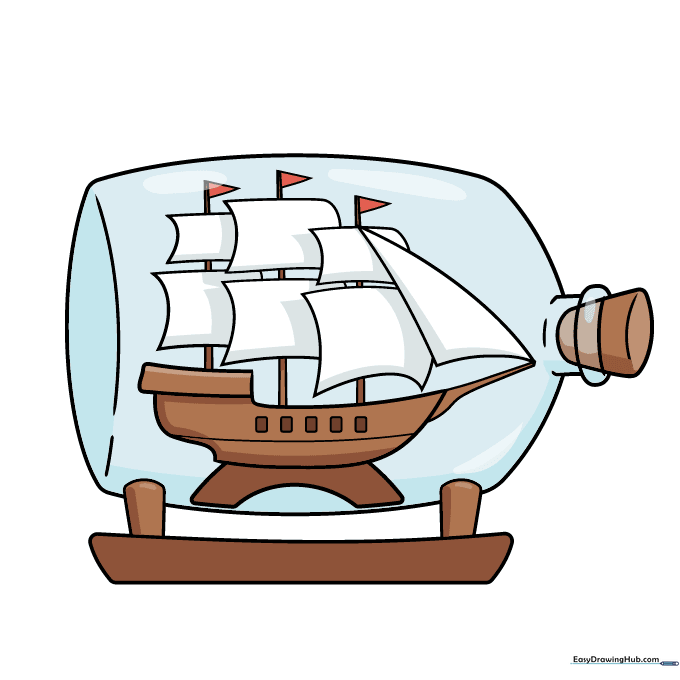 A fully colored drawing of a ship in a bottle, featuring brown wood, white sails, and a blue-tinted glass bottle.