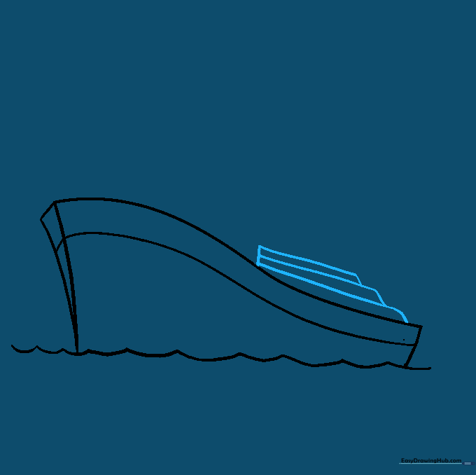 Drawing rectangular cabin structures on the deck of the ship.