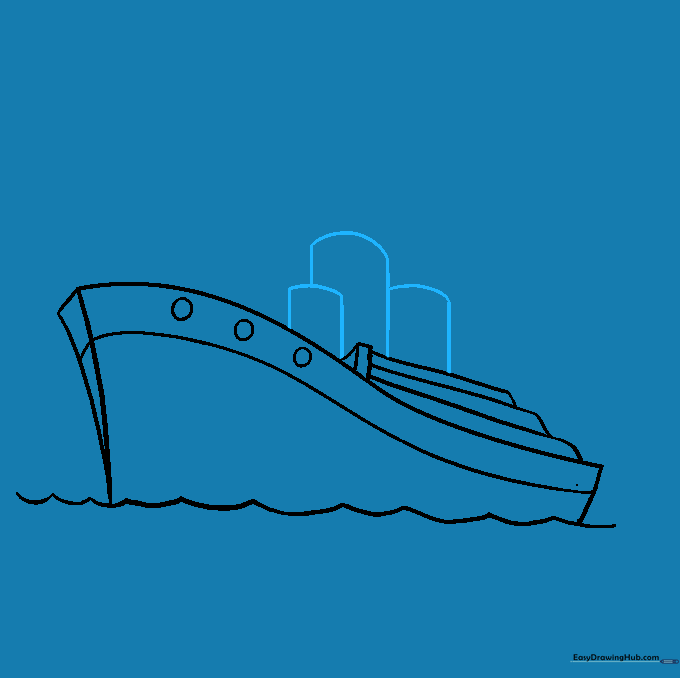 Drawing two smokestacks of varying heights on the ship deck.