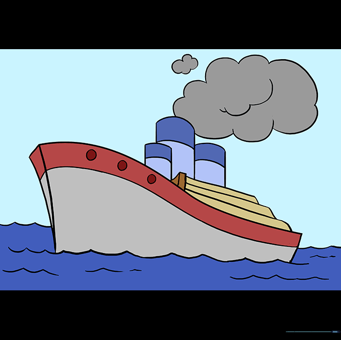 A fully colored ship drawing on the ocean.