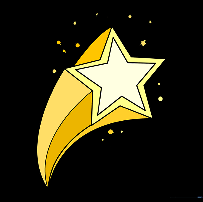 A fully colored shooting star drawing with vibrant yellow and blue tones.