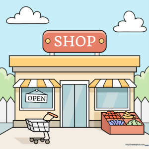 A colorful, finished cartoon shop drawing with produce and a shopping cart.