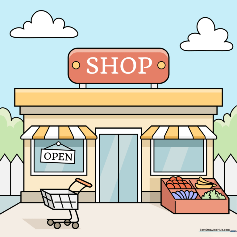 A colorful, finished cartoon shop drawing with produce and a shopping cart.