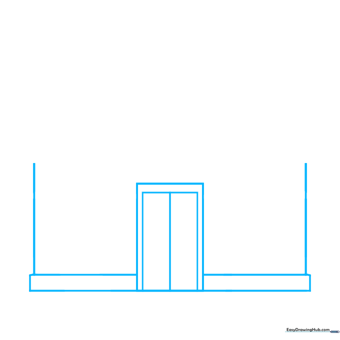 Line drawing showing the rectangular base of a shop and the central door frame.