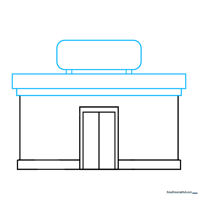 Adding a roof structure and a blank sign board above the shop entrance.