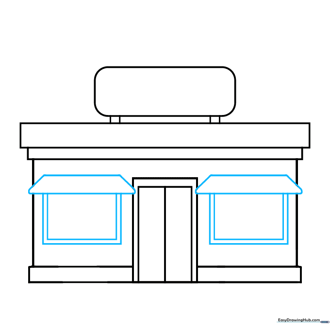 Drawing two shop windows with decorative trapezoid awnings above them.