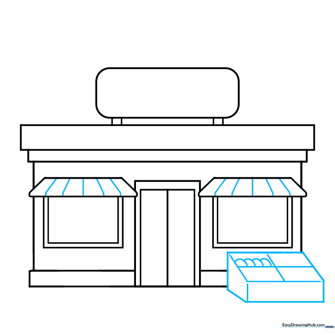 Adding striped patterns to awnings and a crate of produce in front of the shop.