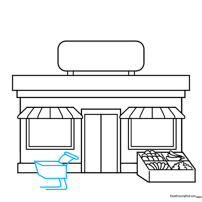 Sketching a shopping cart with a basket and handle.