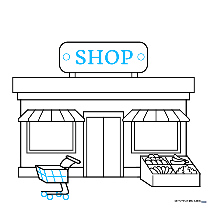 Adding wheels to the cart and the word SHOP to the sign board.