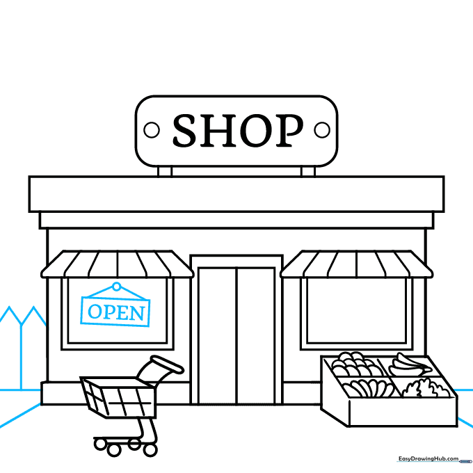 Adding an OPEN sign to the window and a picket fence beside the shop.