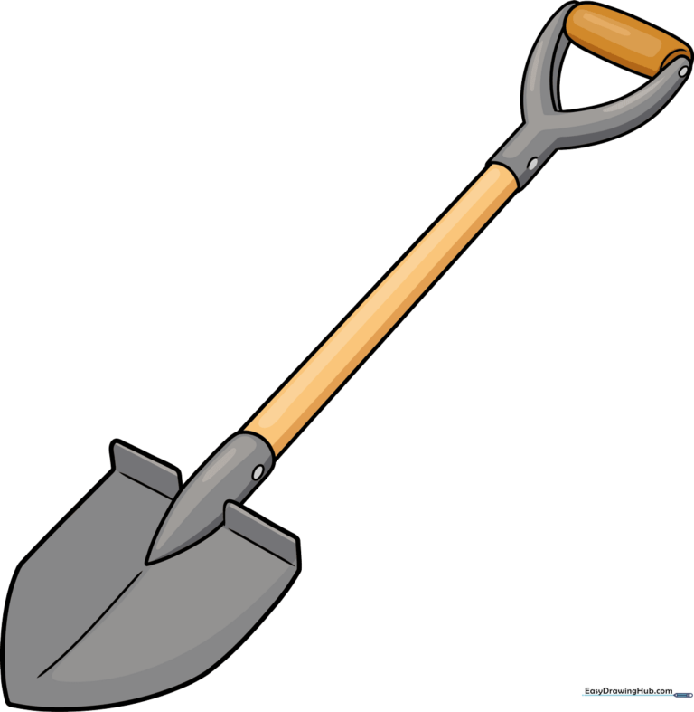 A colorful, finished drawing of a garden shovel, perfect for beginners.