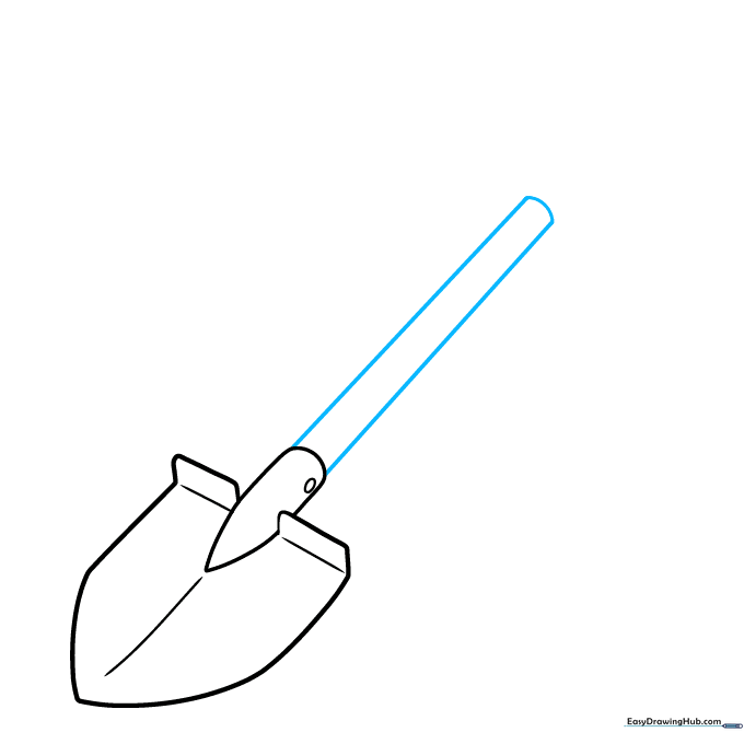 Extending two parallel lines upward to form the long wooden handle of the shovel.