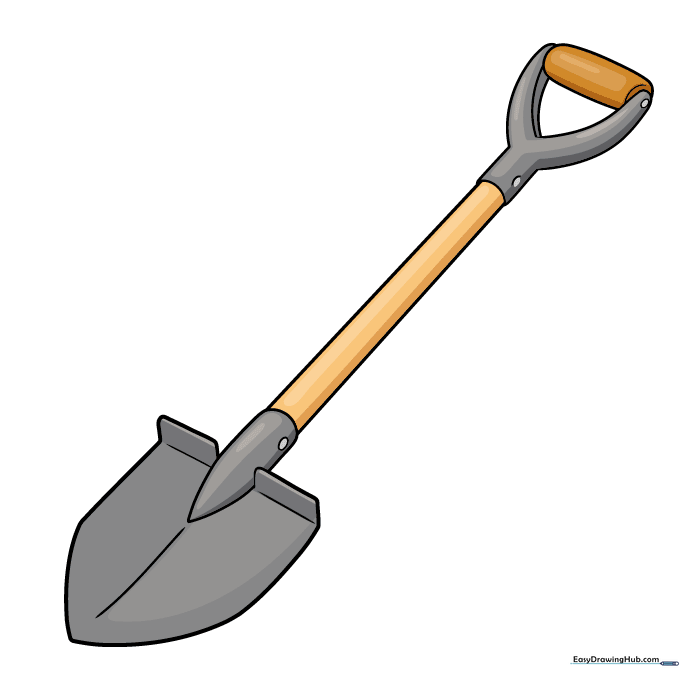 The completed, colored drawing of a garden shovel.
