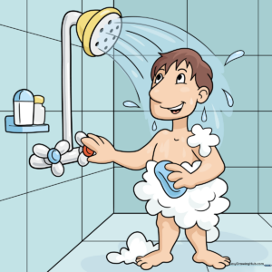 A colorful, finished cartoon drawing of a person showering in a tiled bathroom.