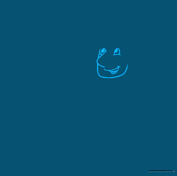 Close-up sketch of a cartoon face with a smiling mouth and expressive eyes.