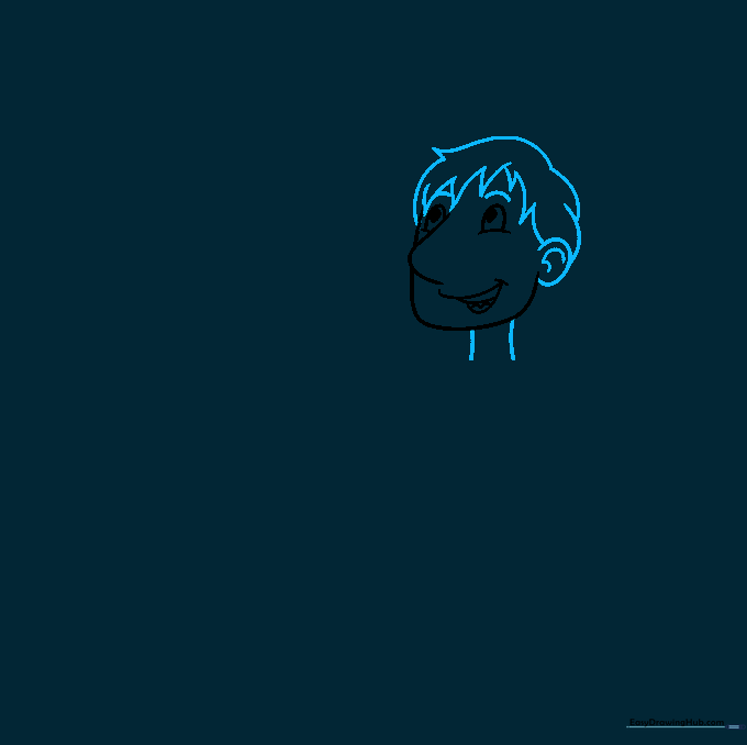 Drawing the character's head with messy, wet-looking hair and a defined neck.