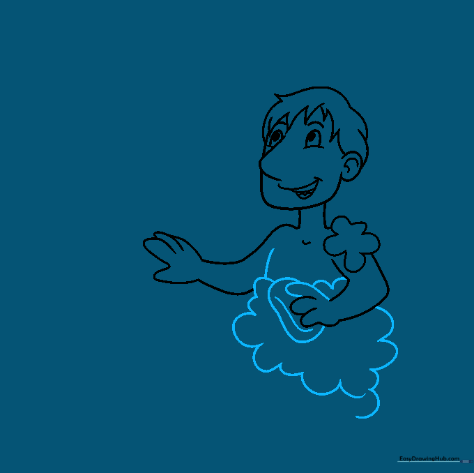 Sketching a bar of soap and clusters of bubbles on the character's chest.