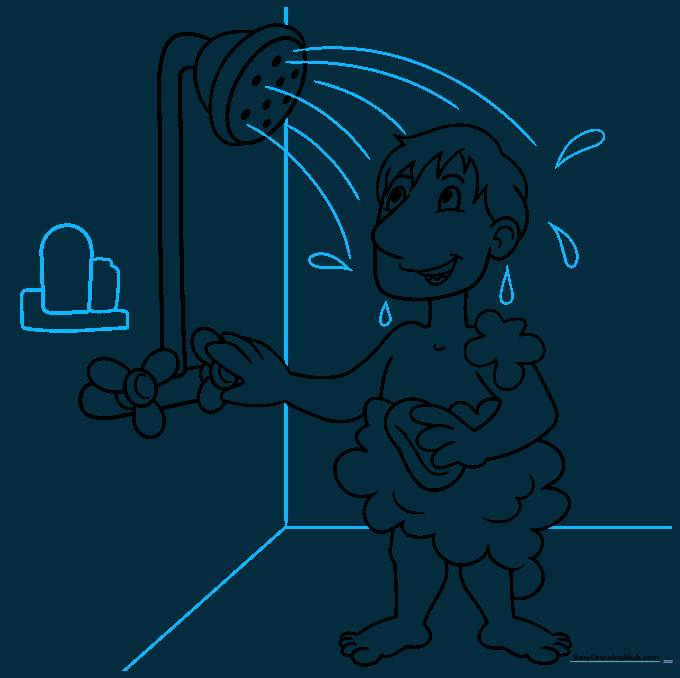 Adding background details like a shelf, bottles, and falling water droplets.