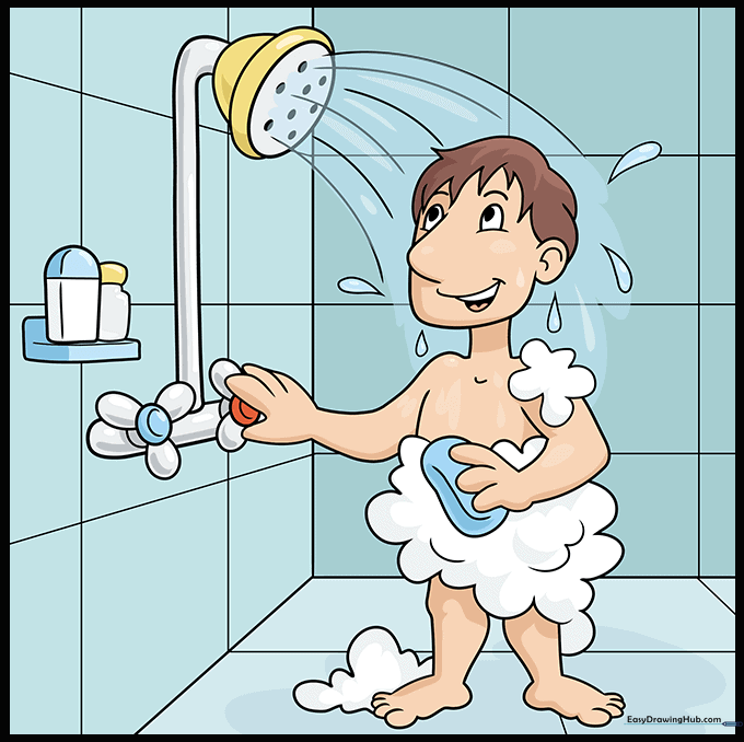 Finished, colored illustration of a person in a shower.