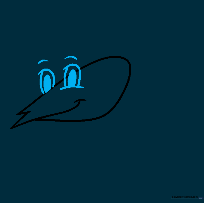 Shrimp drawing with two large cartoon eyes added above the head contour.