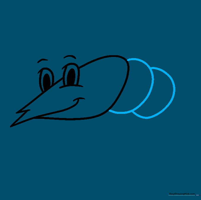 Shrimp drawing showing the start of the segmented body using curved lines.