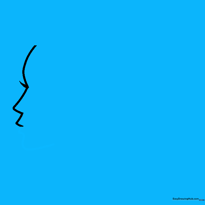 Drawing the lower lip and rounded chin to complete the facial profile outline.