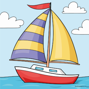 A colorful, finished drawing of a simple sailboat on the water.