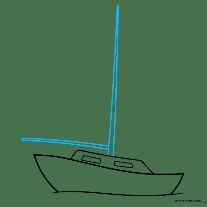 A tall mast and horizontal boom structure drawn on the boat cabin.