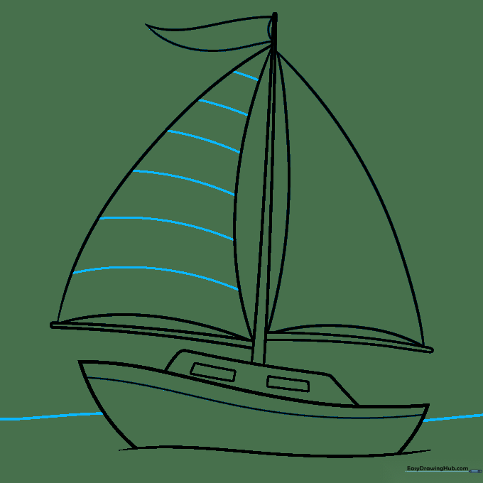 Stripes added to the sail and a horizon line drawn behind the boat.