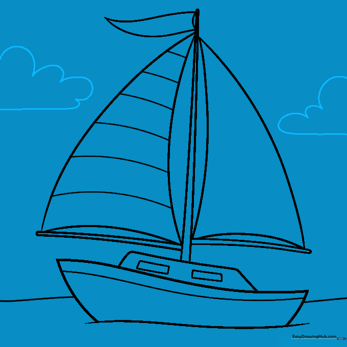 Fluffy clouds drawn in the sky above the sailboat.