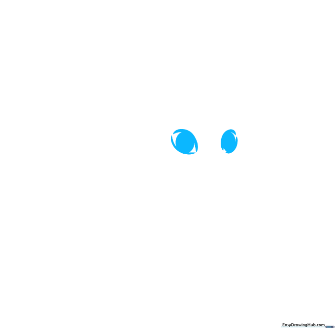 Close-up of two cartoon bunny eyes with large pupils drawn on white paper.