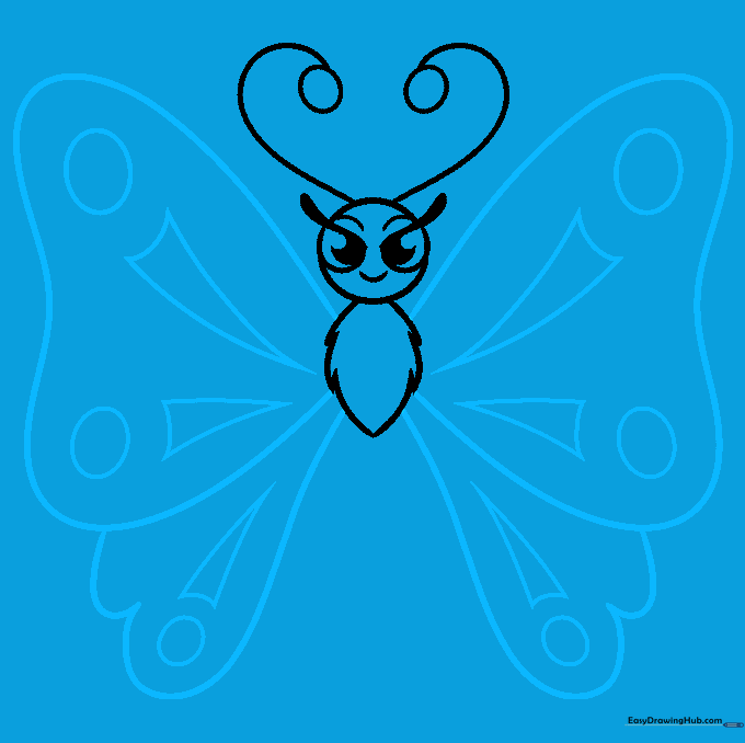 Large, decorative butterfly wings with heart and triangle patterns sketched out.