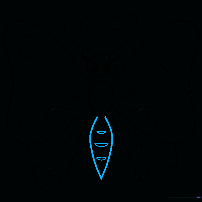 The completed abdomen of the butterfly with segmented lines for texture.