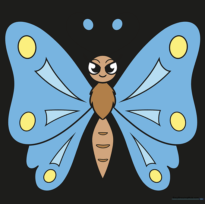 A fully colored, vibrant cartoon butterfly with patterned wings.