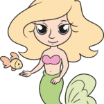 A colorful, finished drawing of a cute cartoon mermaid.