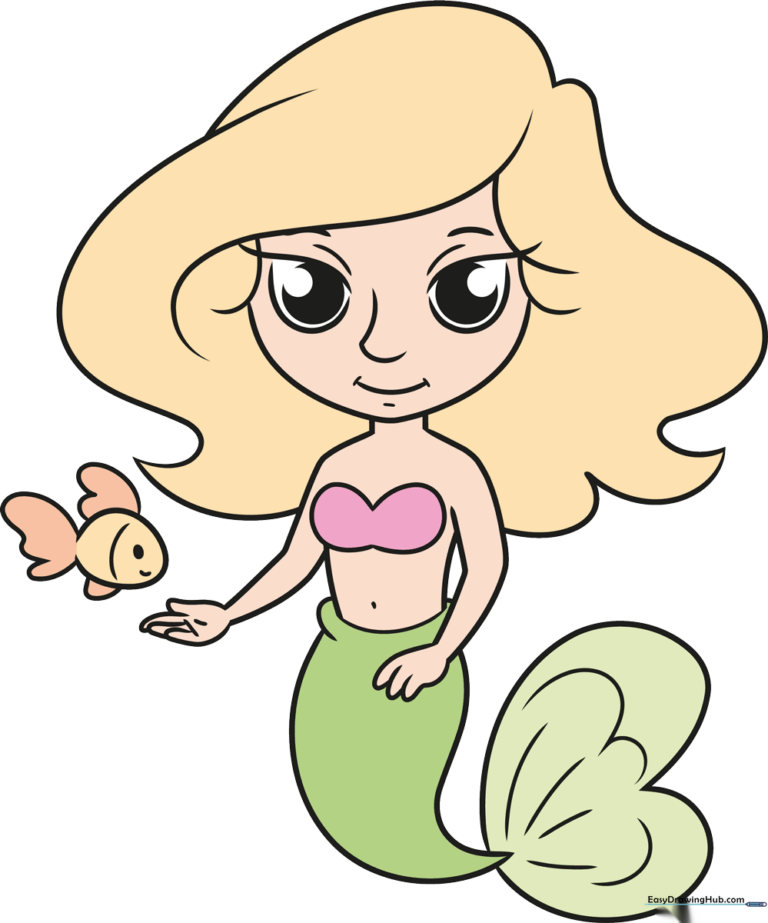 A colorful, finished drawing of a cute cartoon mermaid.
