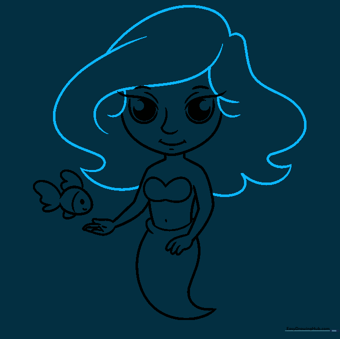 Adding voluminous, wavy hair to the mermaid's head.