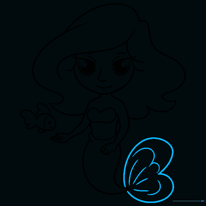 Drawing the heart-shaped fin at the base of the mermaid's tail.