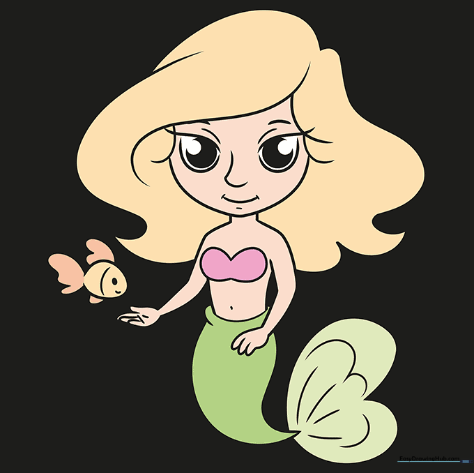 The finished, colored cartoon mermaid drawing.