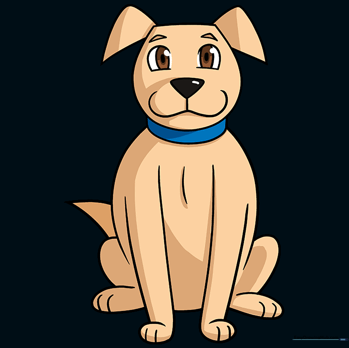 A finished, colored cartoon dog drawing with brown fur.
