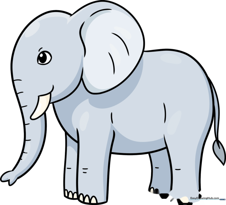 A completed, colorful cartoon elephant drawing on a white background.