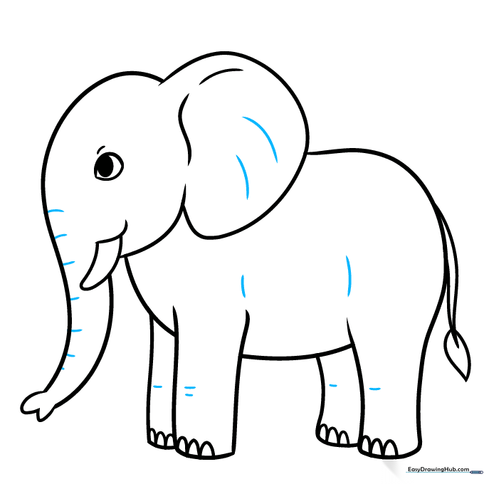 Refining the elephant's outline with darker, cleaner lines.